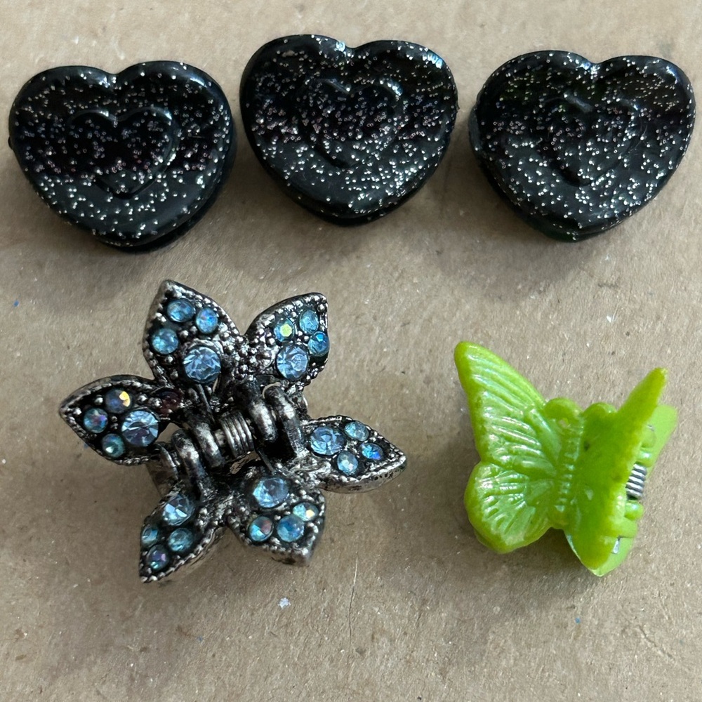 Vintage Hair Accessories. 3 black/silver hearts, green butterfly, flower.